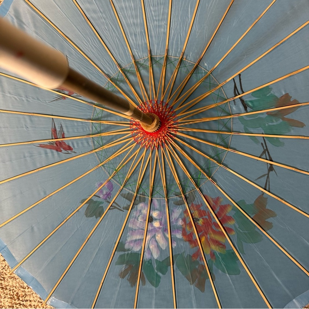 Asian Japanese Parasol Umbrella Nylon Bamboo Blue Blossoms Birds Sun Shade - Picture 7 of 13